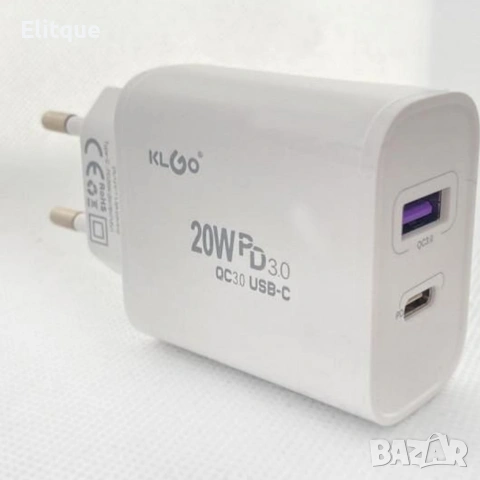 Адаптер за бързо зареждане KLGO PD-300, USB-A/USB-C, FAST CHARGING 20W, снимка 3 - Друга електроника - 53389431