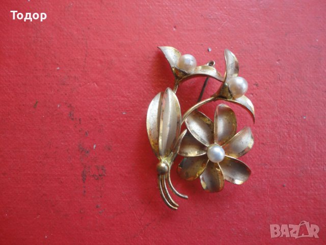 Старинна позлатена брошка с перли 2, снимка 3 - Други - 40083295