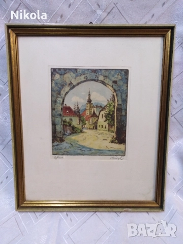 Оригинален цветен офорт на Лудвиг Бюргел