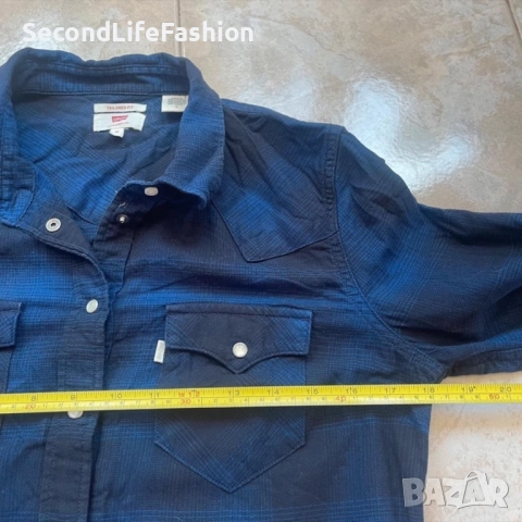 Дамска риза Levi's с дълъг ръкав, синя каре, размер M, синя, закопчаване с копчета, снимка 3 - Ризи - 52516515