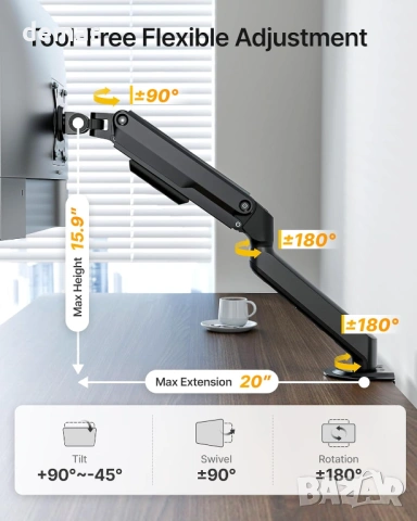 monTEK механична пружинна стойка за бюро за монитор 17–32 инча, до 9 кг, VESA 75x75 / 100x100, снимка 3 - Стойки, 3D очила, аксесоари - 53657394