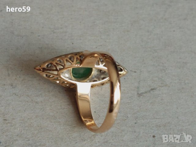 Стар златен пръстен с диаманти и изумруд злато 18к, снимка 4 - Пръстени - 42519597