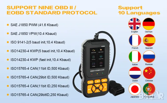 Професионален автомобилен диагностичен кодочетец V520 Full OBD2 EOBD , снимка 10 - Аксесоари и консумативи - 47313013