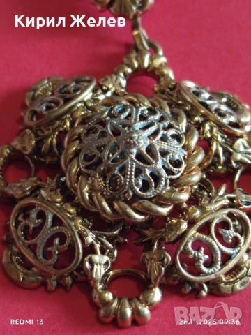 КОЛИЕ СТАРИННО РАЗКОШНО ПОЗЛАТЕНО ФИННА РЪЧНА МАЙСТОРСКА АЖУРНА ИЗРАБОТКА 52321, снимка 3 - Колиета, медальони, синджири - 52544998