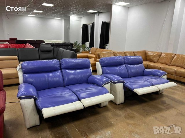 Кожени дивани две двойки лилаво-бели с ел.ралаксиращ механизъм, снимка 2 - Дивани и мека мебел - 39700246