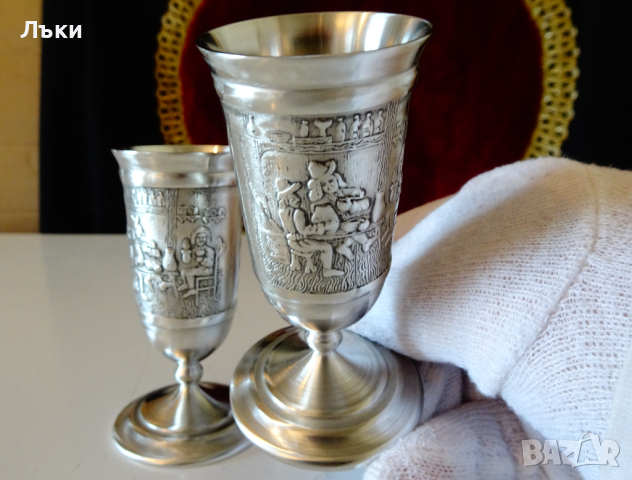 Чаши на столче за ракия,калай. , снимка 3 - Антикварни и старинни предмети - 44620556