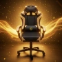 Геймърски стол с масажна функция, лумбална възглавница и поставка за крака – Черен-златист, снимка 2