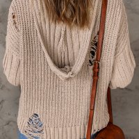 Дамски накъсан пуловер в бежово, с качулка и връзки, снимка 2 - Блузи с дълъг ръкав и пуловери - 44321117