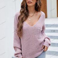 Дамски моден пуловер с джоб с V-образно деколте, 2цвята - 023, снимка 6 - Блузи с дълъг ръкав и пуловери - 38989095