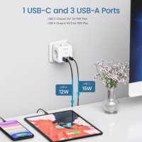 LENCENT Разклонител 7-в-1 3хAC, 3 USB порта и 1 Type C и бутон за включване/изключване, снимка 2 - Оригинални зарядни - 41849699