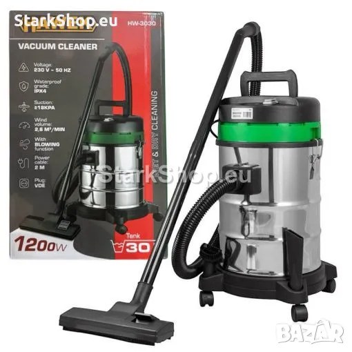 Прахосмукачка за Сухо и Мокро Почистване 30л HAWEK 1200W с 4бр Въртящи Колела, снимка 1