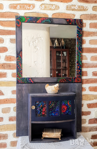 Авторско ръчно декорирано Огледало с шкафче за дребни предмети, снимка 1