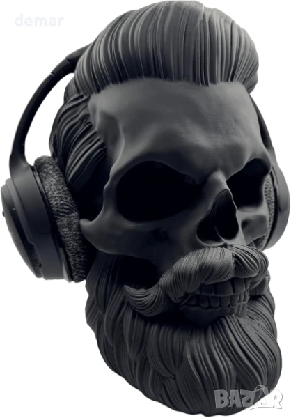 Готическа стойка за слушалки с дизайн на череп с брада, матово черно покритие, снимка 1