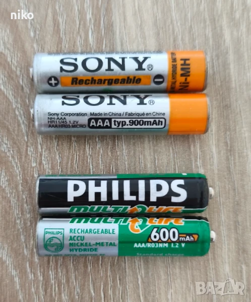 Презареждащи се акумулаторни батерии ААА Sony 2 бр. и Philips 2 бр., снимка 1