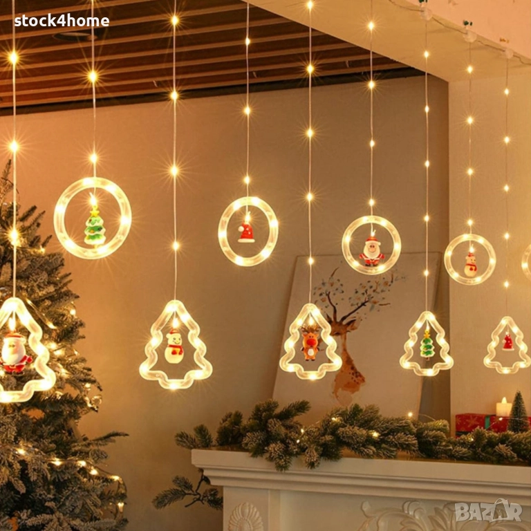 Лампички за коледа SIKS, тип светеща завеса, 5 светещи ринга и 5 LED елхи, с различни фигури , снимка 1
