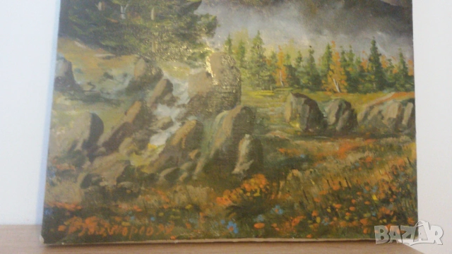 Маслена картина пейзаж с дървета, скали и цветя, снимка 3 - Картини - 53020196