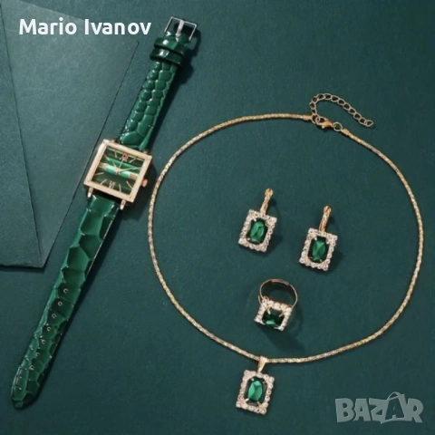 Елегантен комплект часовник и бижута с зелени кристали и златист корпус, снимка 3 - Дамски - 52896388