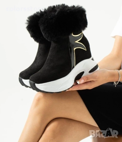 Боти на платформа - черен велур с пух - BH2025 