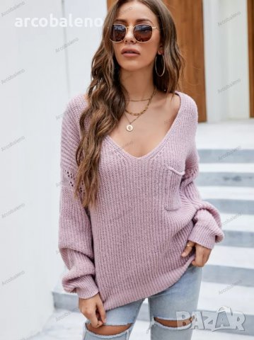 Дамски моден пуловер с джоб с V-образно деколте, 2цвята - 023, снимка 6 - Блузи с дълъг ръкав и пуловери - 38989095