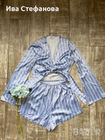 Разкошен летен сатенен син гащеризон сет от две части панталон висока талия топ комплект 2в1, снимка 8 - Гащеризони - 40236228