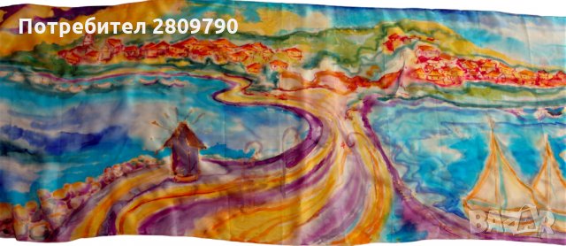 Копринен шал с градски мотиви на Мелницата в Несебър / Silk Scarf with urban motifs of the Mill in N, снимка 9 - Шалове - 34755535