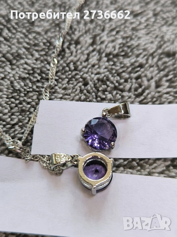 Сребърно колие с лилав цирконии , снимка 4 - Колиета, медальони, синджири - 53711521