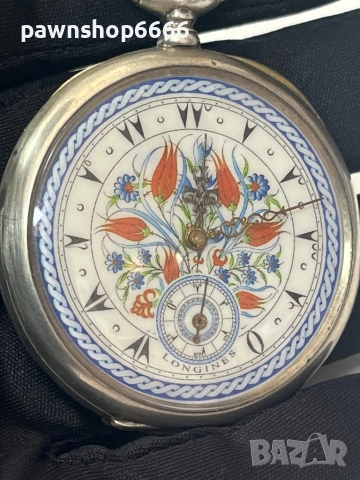 Продавам антикварен джобен часовник Longines (1916-1917 г.) – сребро 0.800, ръчно рисуван циферблат, снимка 5 - Мъжки - 51532682