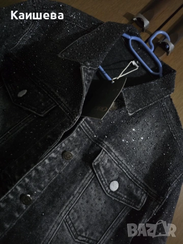 черно дънково яке с камъни, снимка 3 - Якета - 53597423