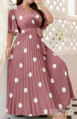 3XL Синя,дълга рокля солей на бели точки