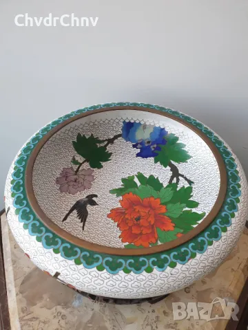 Cloisonne 26см/Клоазон-Клозоне стара голяма китайска купа/поставка ръчна дърворезба, снимка 4 - Други - 46578938