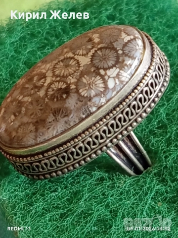 Сребърен пръстен с инкрустиран вкаменен корал филигранна изработка уникален 51824, снимка 11 - Пръстени - 52987229