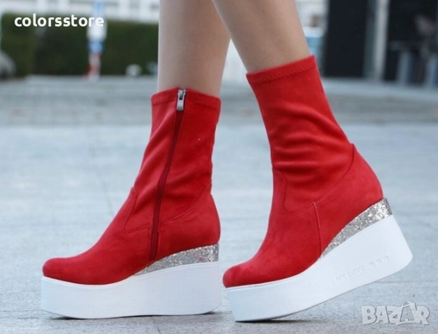 Боти на платформа - червен велур с бронз брокат и бяло ходило - 121K 