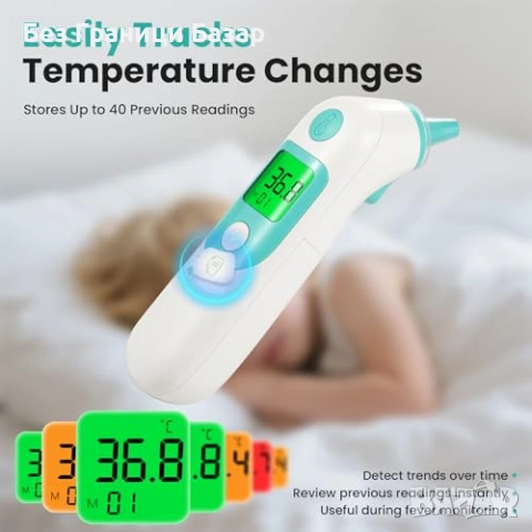 Нов Дигитален ушен термометър 1s, 3-цветна аларма, Mute, 40 памет, снимка 6 - Други - 53681617