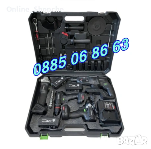 Комплект 5 в 1 перфоратор, винтоверт, гайковерт, ъглошлайф и LED лампа, снимка 8 - Други инструменти - 53262216