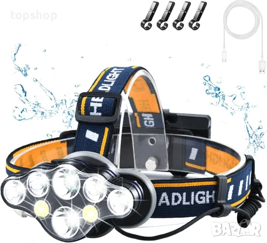 Челник с 8 батерии и зарядно, Професионален комплект челник 18000 лумена с 8 батерии 3000mAh...