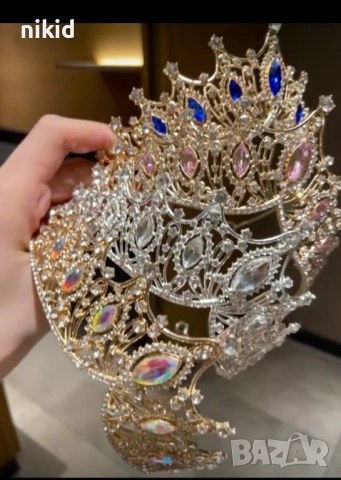Масивна корона тиара диадема венец златиста сребриста черна камъни кралица мис метална дамска детска, снимка 8 - Аксесоари за коса - 47022698
