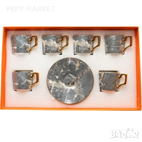 Луксозен сервиз за кафе с мраморен дизайн Внесете лукс и класа във всяка кафе пауза с този елегантен
