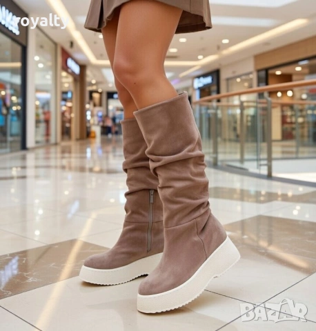 Равни ботуши - каки велур с бежово ходило, снимка 4 - Дамски ботуши - 53193618