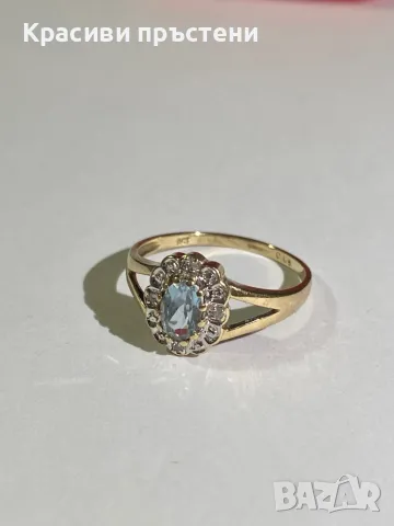 Изтънчен златен пръстен с gemstone и 4 диаманта – 9 карата, 1.88 г, размер 58