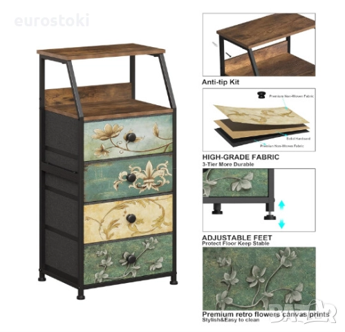 Скрин VEDECASA, скрин с 4 чекмеджета от плат, с отворен рафт, метална рамка, дървен плот, винтидж , снимка 5 - Скринове - 52777394