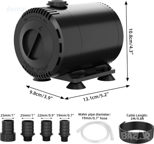 Потопяема водна помпа SMOOL 2000L/H 35W с 3-метров кабел, 4 вендузи и 3 дюзи (19/22/25 мм), снимка 2 - Оборудване за аквариуми - 53429031