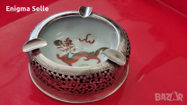 Винтидж Виетнамски сребърен пепелник с инкрустиран порцелан , снимка 2 - Антикварни и старинни предмети - 52623356