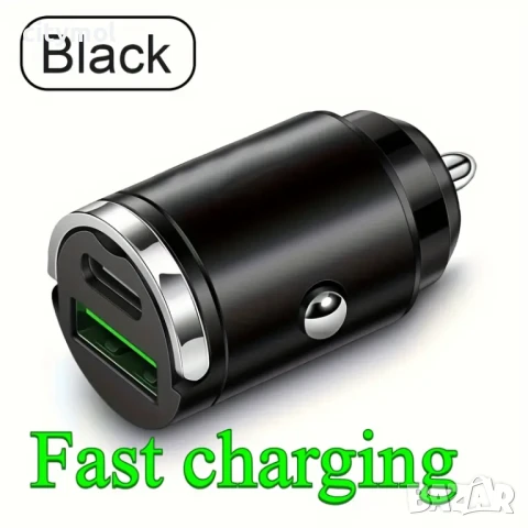Ултра мини зарядно за кола, FAST Cahrging, 2 порта - USB-C PD / USB-A QC 3.0