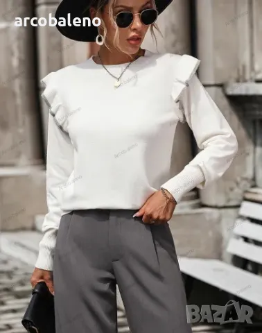 Дамски свободен едноцветен пуловер с кръгло деколте и волани, 4цвята , снимка 2 - Блузи с дълъг ръкав и пуловери - 47992679