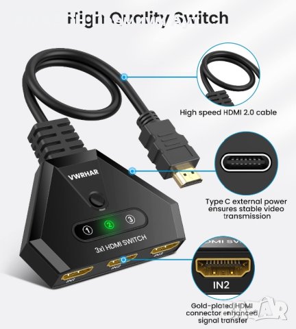 VWRHar 3x1 HDMI 4K автоматичен превключвател/сплитер с HDMI кабел,HDCP1.4/Full HD/4K/30Hz/3D>PS5…, снимка 5 - Стойки, 3D очила, аксесоари - 44229799