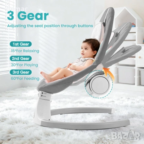 Електрически бебешки люлеещ се стол с Bluetooth, 5 скорости, сив, снимка 2 - Други - 53634105