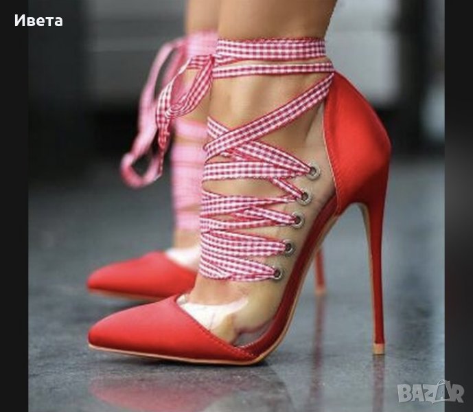 Дамски страхотни обувки на висок ток и връзки, снимка 1