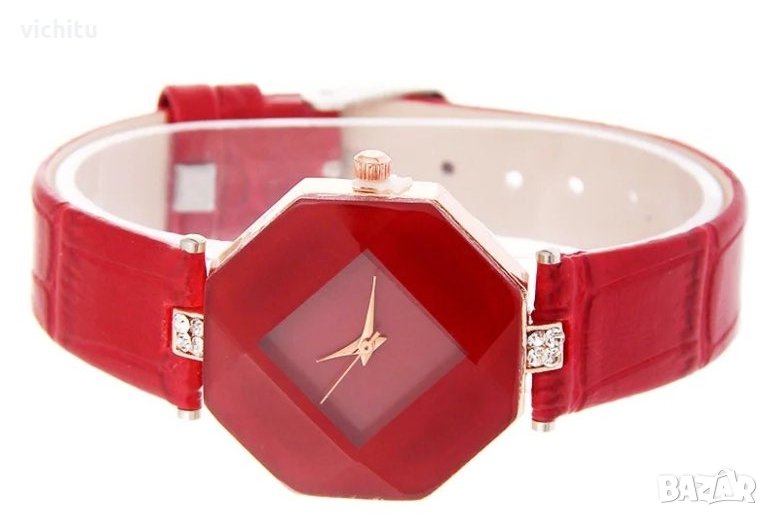 Огнено бижу. Красив магмено червен дамски нов ръчен часовник с кожена каишка., снимка 1