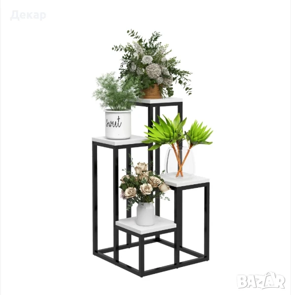 Поставка за растения, 4 нива, дърво и стомана, бяло и черно, 34x34x70, снимка 1