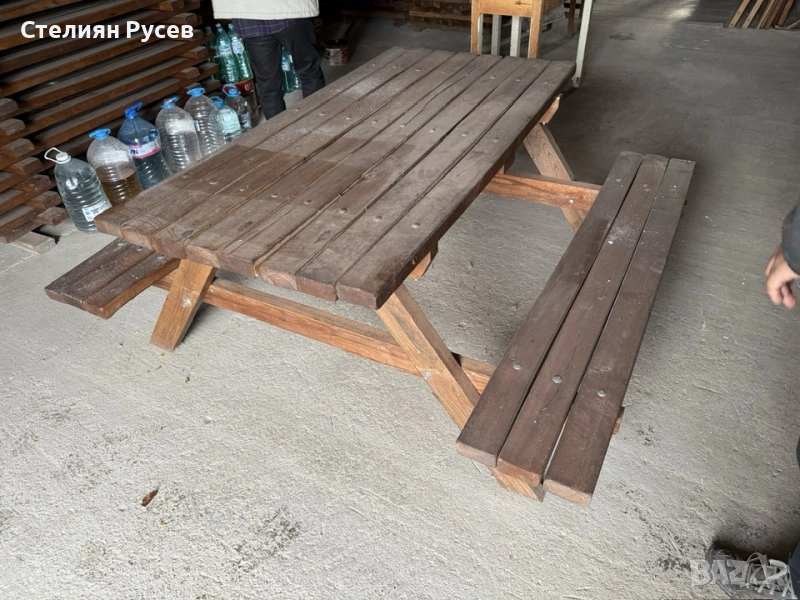 0511  ДЪБ дървени маси с пейки 160 и 190 см -цена 260лв или 132,94 евро   -материал от ДЪБ , 15-20 г, снимка 1